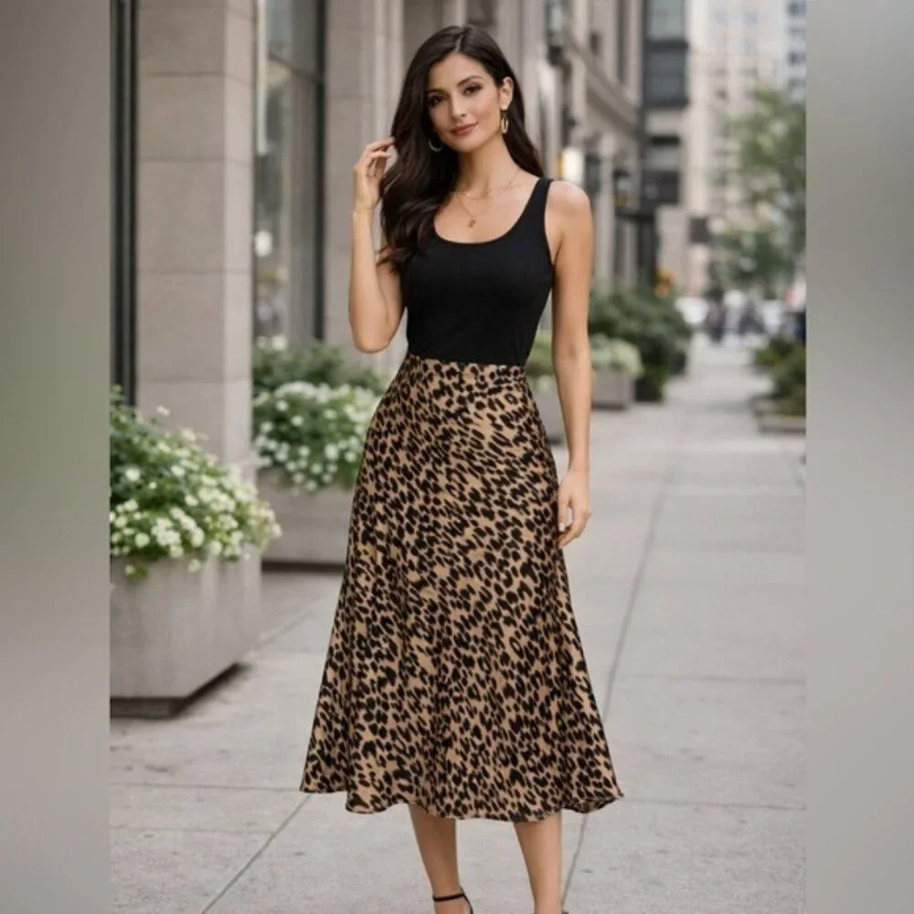 Sienna Sky Satin Leopard Print Midi Skirt Animal Print Medium